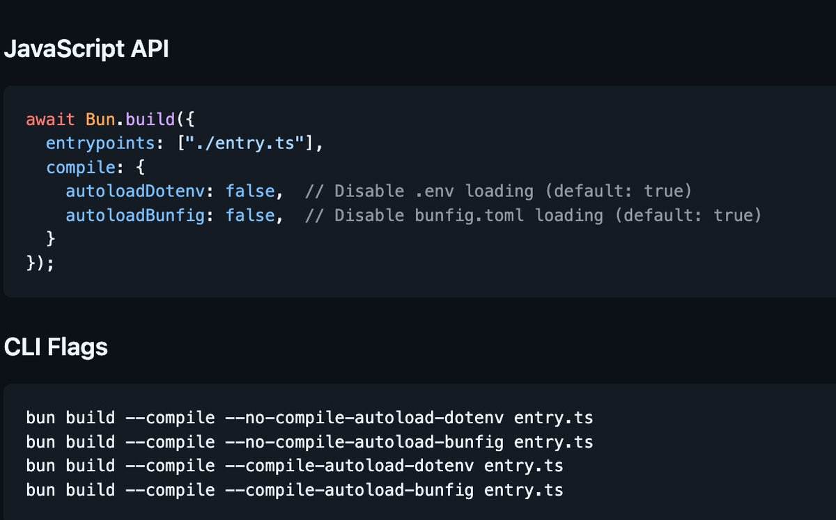 jarredsumner's tweet image. In the next version of Bun

`bun build --compile --no-compile-autoload-dotenv &amp;lt;entry&amp;gt;`  prevents single-file executables from reading `.env` files automatically
