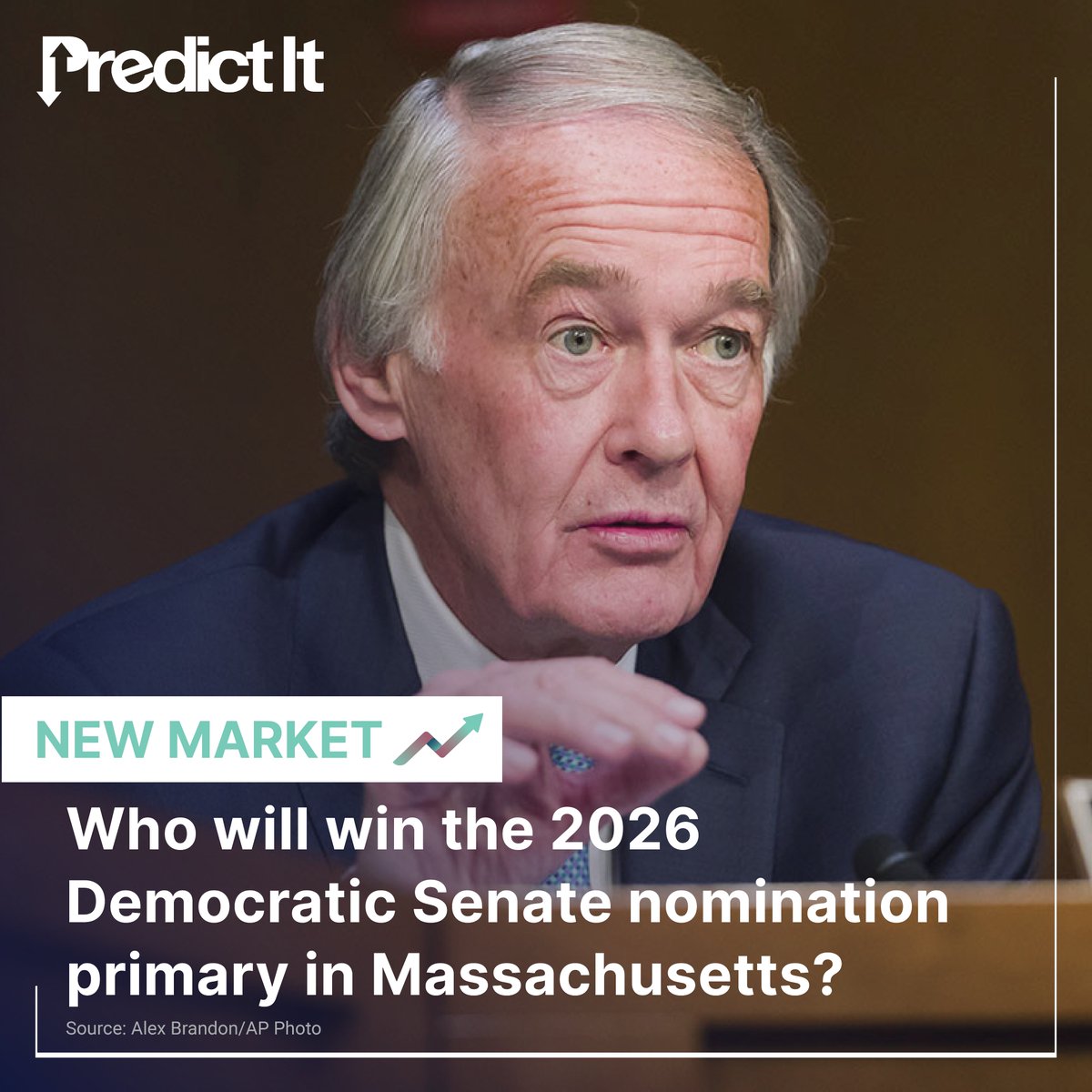 PredictIt's tweet image. Massachusetts&apos; Democratic primary for its open Senate seat in 2026 looks like it might expose some of the underlying issues facing the Democratic Party as @EdMarkey, who will be 80 at the time of the general election, faces 30 year age gaps against competitors @RepPressley and…