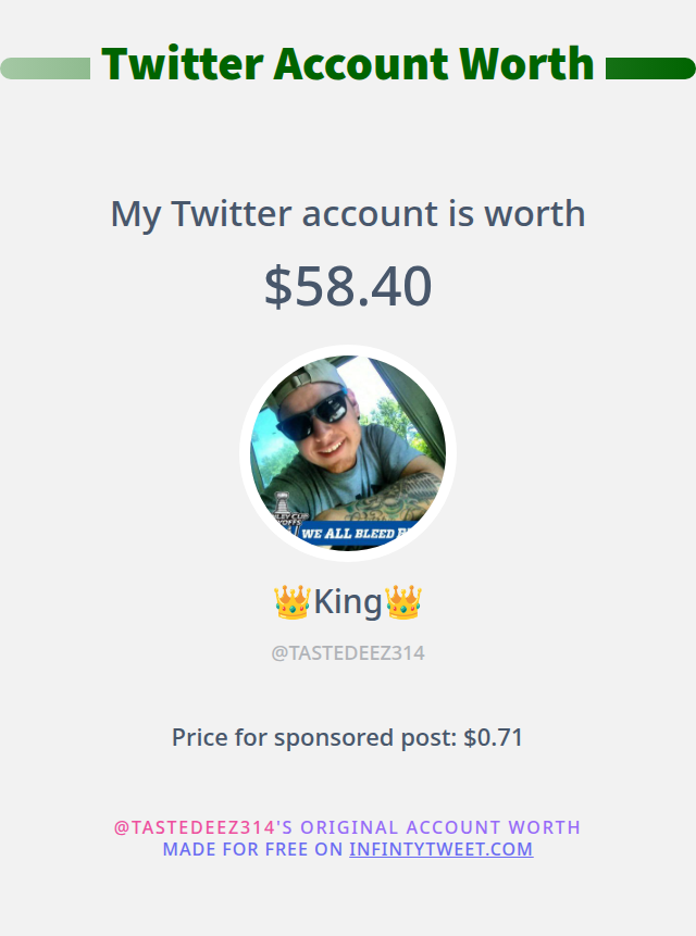 TASTEDEEZ314's tweet photo. My Twitter worth is: $58.40

➡️ https://t.co/MWUMTI8yGA https://t.co/qPB7kNqffX