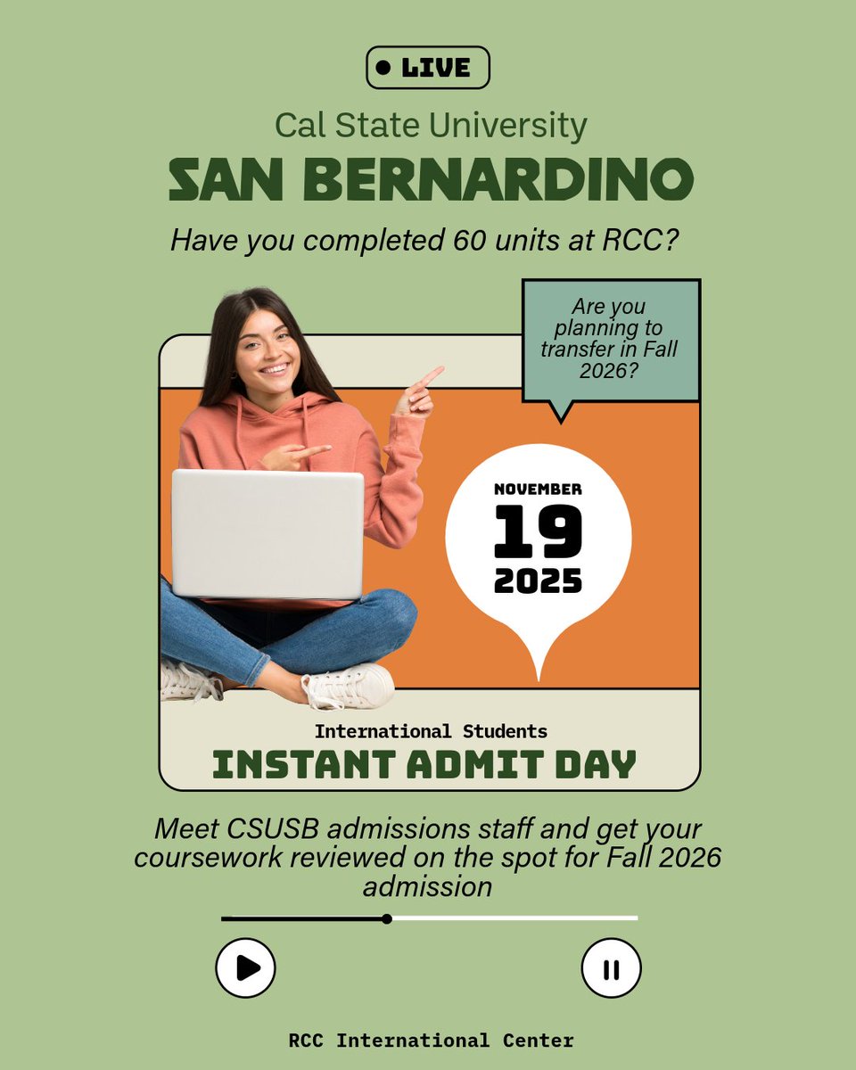 🎓 Ready to transfer to Cal State - San Bernardino?
Join CSUSB Instant Admit Day and meet with admissions staff to get your coursework reviewed on the spot.
📍 Riverside City College
🗓️ Wednesday, November 19
⏰ 9:00 AM to 12:00 PM
#CSUSB #Fall2026 #CSUSanBernardino