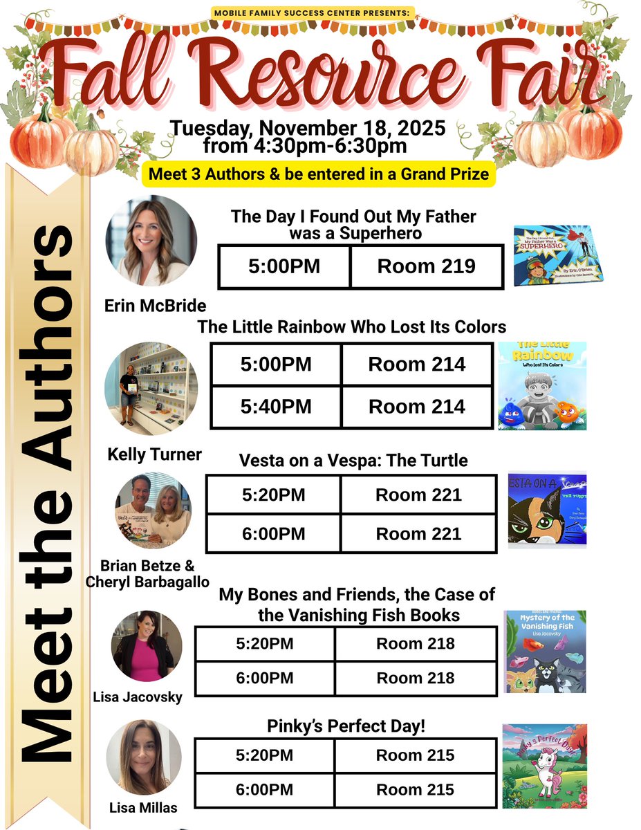 Are you ready for tomorrow? Come and join us at the Fall Resource Fair to meet your local authors and win some prizes too. We will be at the North Brunswick Early Childhood Center from 4:30pm-6:30pm.

You're Invited!