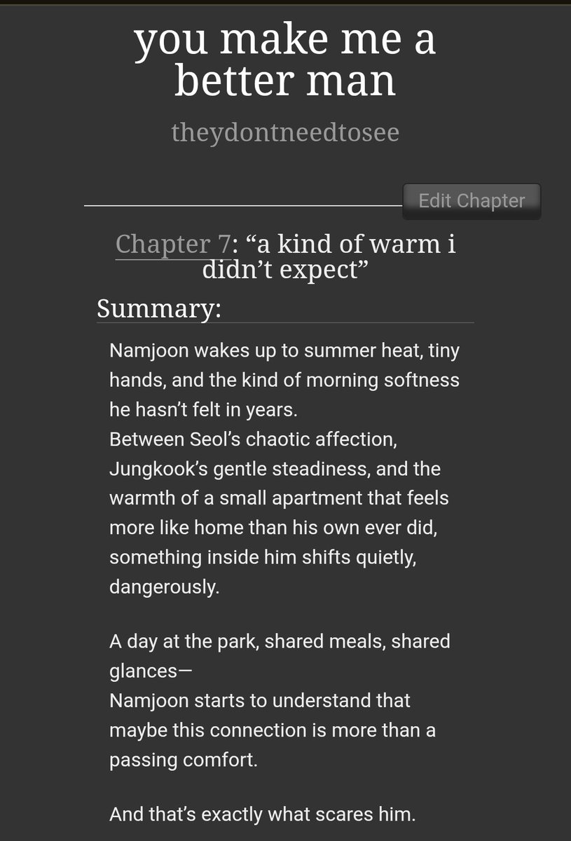 archiveofourown.org/works/66507151…

Soo, i got eager and posted the seventh chapter of you make me a better man, a single dad #namkookau

(wrote it here and there throughout the day). Please give it lots of love 🤭