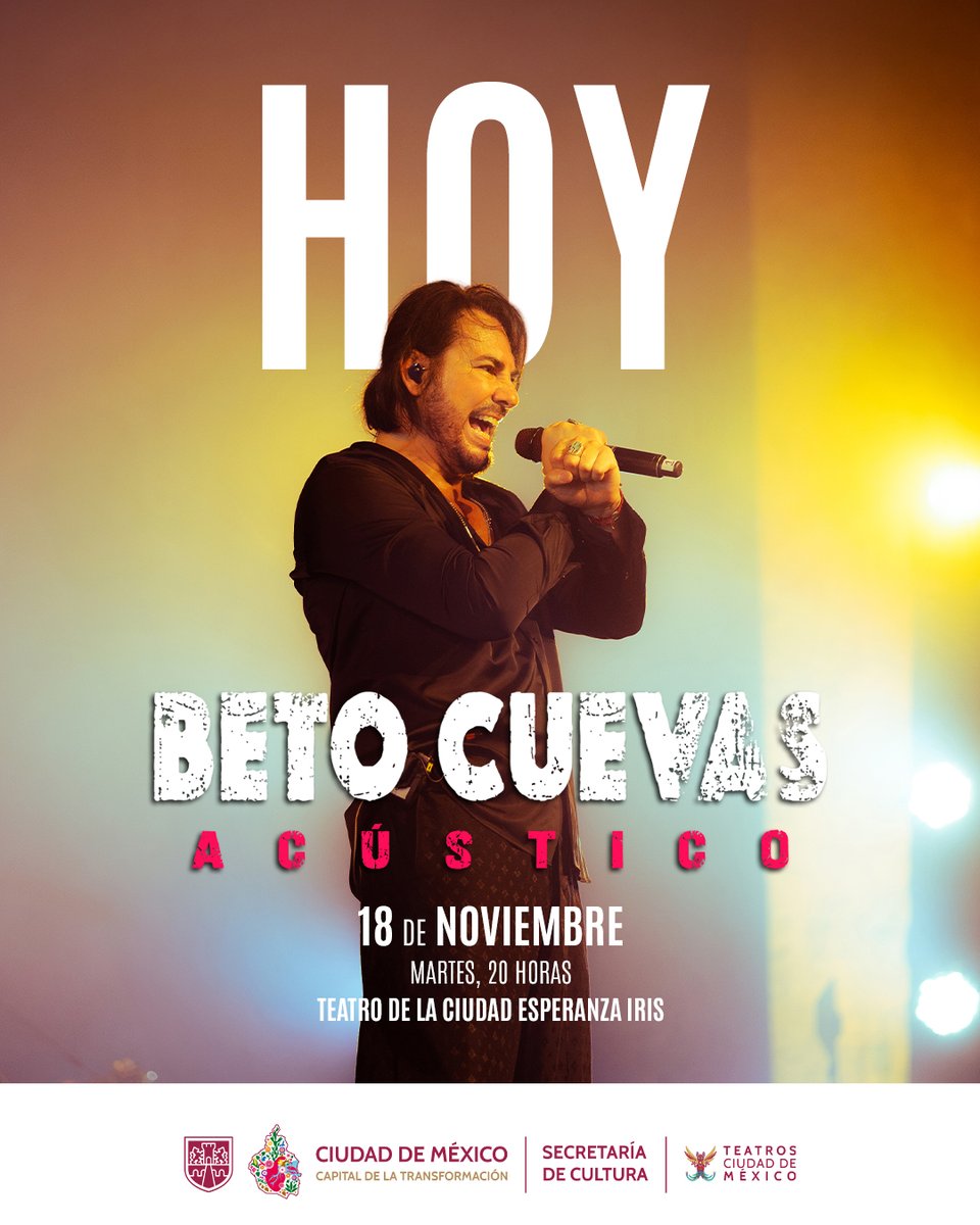 Himnos, memorias y emoción pura. <a href="/iambetocuevas/">Beto Cuevas</a>  presenta un set acústico que promete una velada llena de nostalgia y nuevas interpretaciones de los clásicos que todos amamos.
📅 HOY 18 nov | 20  h
📍 Teatro de la Ciudad Esperanza Iris
¡ÚLTIMOS LUGARES!
bit.ly/4qSR93S