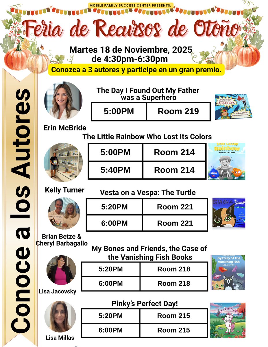 ¿Estás listo para mañana? Acompáñanos en la Feria de Recursos de Otoño para conocer a autores locales y ganar premios. Estaremos en el Centro de Educación Infantil de North Brunswick de 4:30 pm a 6:30pm.

Estan invitados!