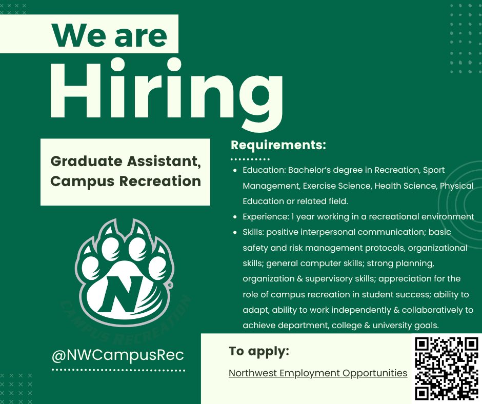 We are #hiring! Join our team as a #GraduateAssistant to gain #experience in a variety of areas! Apply on the Human Resources webpage ⬇️

schooljobs.com/careers/nwmiss…

Questions? Email us at crec@nwmissouri.edu. 

#job #GA #recreation #sports #outdoors #nirsa #collegiaterec
