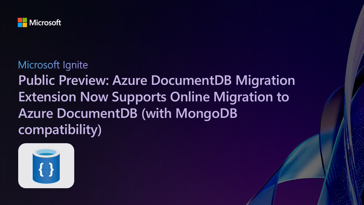 AzureCosmosDB's tweet image. Public Preview alert! 🚀 Online migration for MongoDB workloads is here with the Azure DocumentDB Migration Extension in VS Code.
Minimal downtime. Zero setup. Fully managed.
Details 👉
msft.it/6012tOCwI
#MSIgnite #AzureCosmosDB #DocumentDB #MongoDB