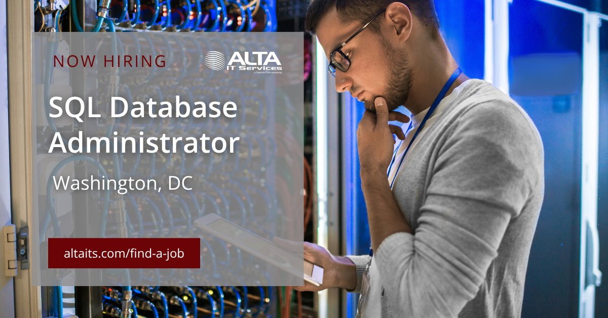 altaitservices's tweet image. ALTA IT Services is #hiring a SQL Database Administrator for work in Washington, DC.  

Learn more and apply today: jobs.systemone.com/job/sql-dba-in… 

#ALTAIT #SQLDBA #DatabaseAdministrator #SQLServerJobs #DataEngineering #TechCareers