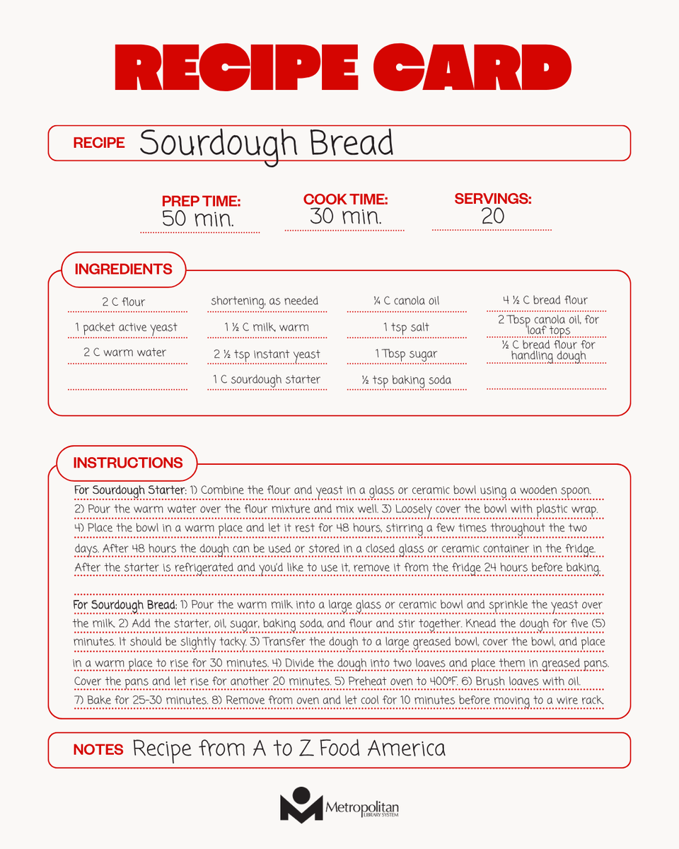 MetroLibraryOK's tweet image. The yeast we can do for National Homemade Bread Day is share a recipe with you!
We think you knead this sourdough recipe straight from our AtoZ Food America database. 🍞

Want the recipe? Visit ow.ly/PoIY50Xta3c