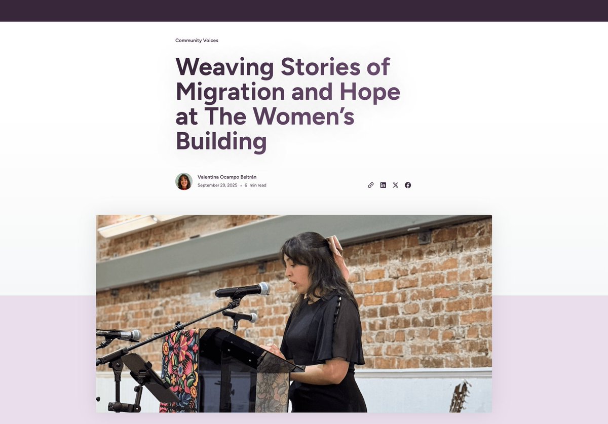 thewomensbldgSF's tweet photo. We’re excited to launch In Our Own Words, our new storytelling blog. Each month we uplift the voices that shape The Women’s Building.
The first piece, by intern Valentina Ocampo Beltrán, reflects on migration, solidarity, and transformation.
💜 Read it: https://t.co/k5AqJJR4WX https://t.co/hEv2iOqT60