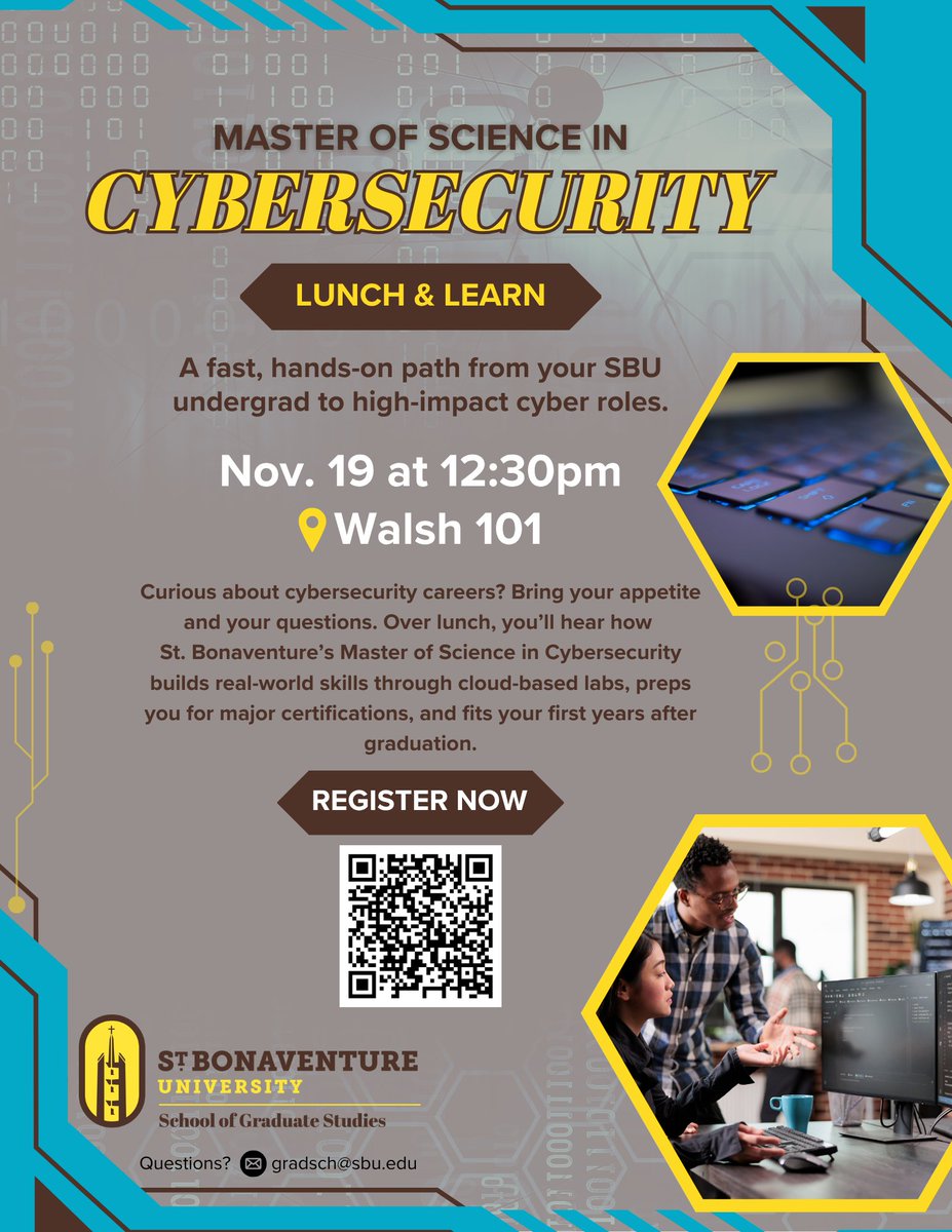 Join us for the unveiling of SBU’s new Cybersecurity Center during a Lunch &amp; Learn!

🗓 11/19
⏰12:30 p.m.
📍Walsh 101

Discover how this fast, hands-on program can launch your path from undergrad to high-impact cyber roles.

👉 Register: admissions.sbu.edu/register/grcyb…