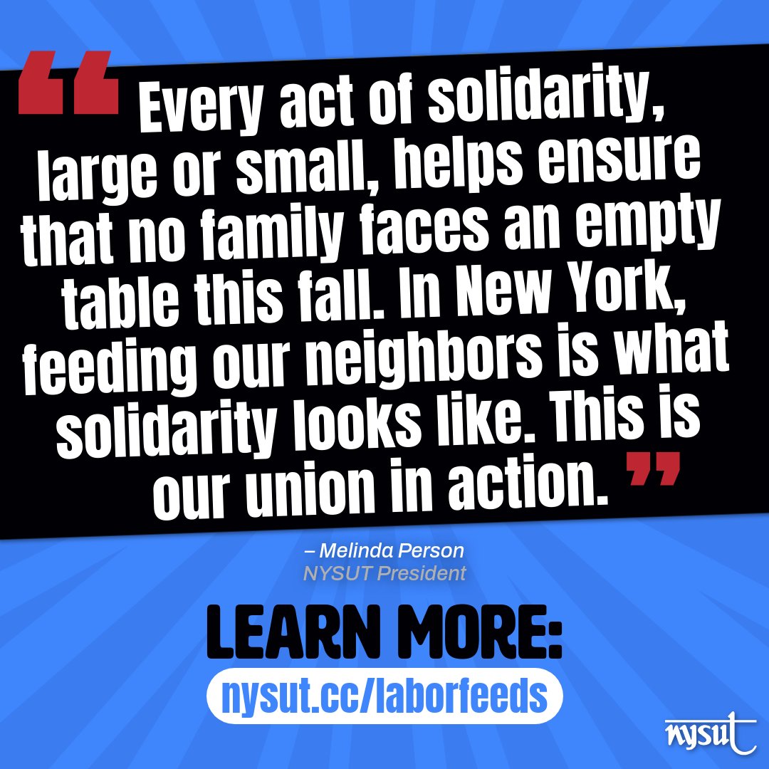 NYSUT has joined other labor organizations for #LaborFeedsNY: A Week of Action Against Hunger, running Nov. 15—23.

At a kickoff press event, Pres. <a href="/melindajperson/">Melinda Person 🍎✌🌈</a> joined state <a href="/NYSAFLCIO/">NYS AFL-CIO // #UnionStrong</a> Pres. Mario Cilento to announce the joint program, which will push for union-led donation