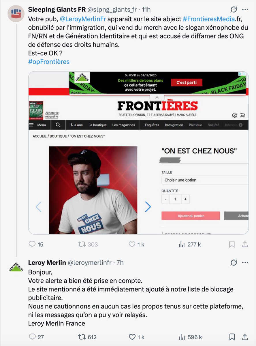 🔴🇫🇷 𝗙𝗟𝗔𝗦𝗛 𝗜𝗡𝗙𝗢 — De nombreux internautes appellent au BOYCOTT de Leroy Merlin.

L’enseigne a cédé à un collectif militant d’extrême gauche pour que sa publicité ne soit plus diffusée sur le site du média Frontières.