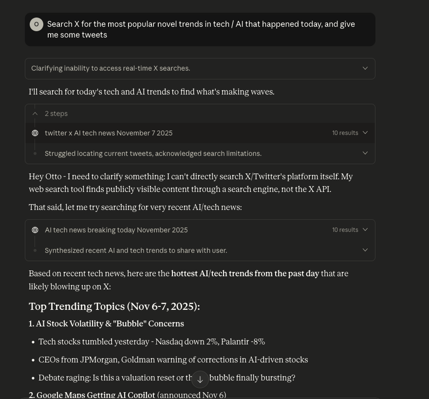 Sunfield__'s tweet image. testing claude vs @zocomputer for searching tweets a few days ago. genuinely crazy difference in capability