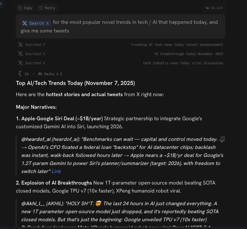 Sunfield__'s tweet image. testing claude vs @zocomputer for searching tweets a few days ago. genuinely crazy difference in capability