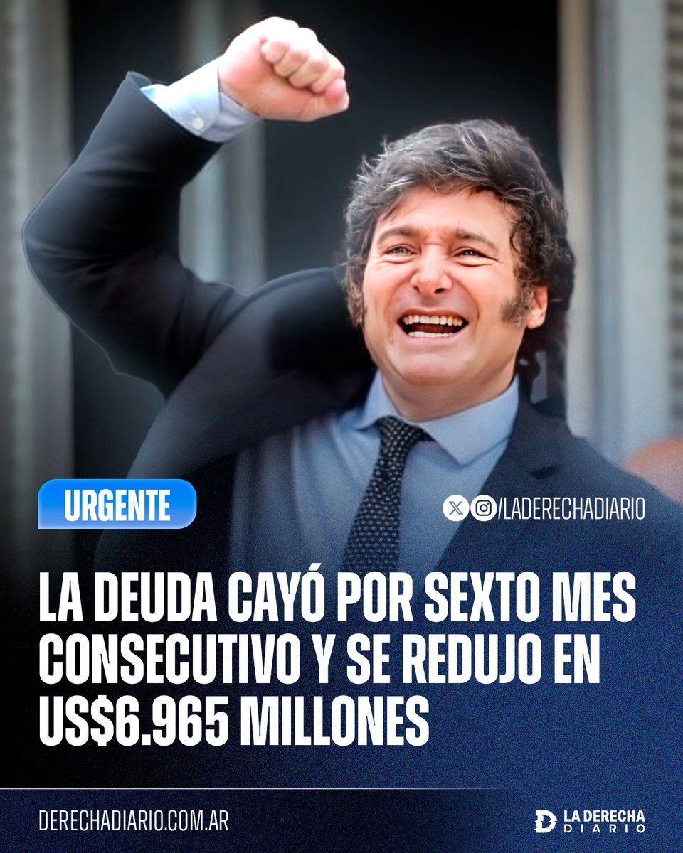 🚨🇦🇷 | MILEI, EL PRIMER DESENDEUDADOR: La deuda pública bajó en octubre por sexto mes consecutivo y se redujo en $6.965 millones de dólares respecto de septiembre.