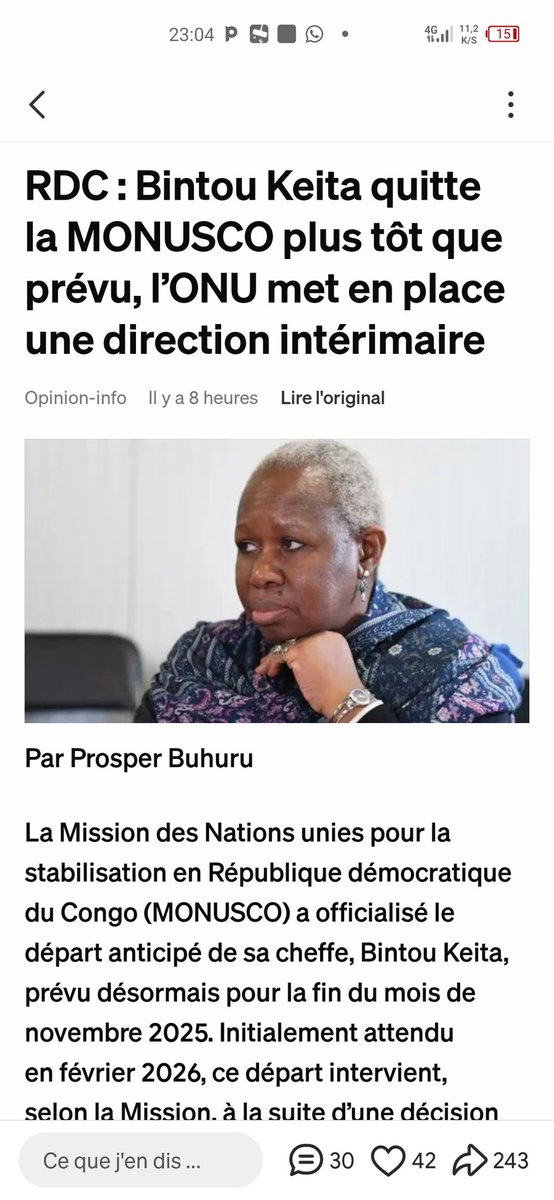 KalumbiKam's tweet photo. On peut reprocher beaucoup de choses à la MONUSCO, mais il faut reconnaître une vérité que l’histoire retiendra : la présence successive de deux grandes dames africaines à la tête de cette mission, après Martin Kobler — Madame Leïla Zerrougui d’abord, puis Madame Bintou Keita — a joué un rôle déterminant dans l’échec du plan de balkanisation de la RDC. À elles deux, comme à leurs prédécesseurs, des hommages mérités. Elles ont tenu bon, affronté les intrigues géopolitiques, résisté aux pressions, et accompagné le peuple congolais dans des moments où le pays aurait pu basculer irrémédiablement.

La RDC n’est pas le Soudan, qu’on a d’abord fragmenté puis abandonné sans jamais lui donner la paix. Le départ précipité de la MONUSCO, sous Madame Bintou Keita, interroge. Est-ce vraiment la fin d’un cycle… ou le début d’un autre plan longtemps mûri, que ceux qui n’ont jamais cessé de convoiter l’Est du Congo tentent de remettre discrètement en marche ?

Faut-il rappeler que ce plan n’a jamais réussi ?
Ni sous Lumumba et Kasavubu, ni sous Mobutu, ni sous Mzee Laurent-Désiré Kabila, ni sous Joseph Kabila Kabange. Tous, à leur manière, ont gardé la RDC unie dans ses frontières héritées de Berlin.

Et voilà qu’aujourd’hui, dans le méli-mélo d’accords signés à la hâte avec le Rwanda, l’Ouganda, le Burundi, la Tanzanie, la Zambie — et même avec la rébellion AFC/M23 — l’impression grandit que le pouvoir actuel semble prêt à sacrifier l’Est du pays… pourvu qu’il puisse se maintenir à Kinshasa. Comme si l’on pouvait gouverner la RDC amputée de son poumon oriental, comme si la souveraineté pouvait être négociée autour d’une table d’intérêts régionaux.

Le plus grave : un parlement né d’élections chaotiques en 2023 semble ouvert à toutes les aventures, y compris celle de modifier la Constitution de 2006 pour permettre au régime de se maintenir, au mépris du peuple, des institutions et de l’histoire. Pendant ce temps, on invente un procès politique contre le Raïs Joseph Kabila, sans procès-verbaux, sans enquête régulière, sans procédure conforme, juste pour détourner l’attention de leur propre haute trahison. Une condamnation à mort prononcée dans le vide juridique, que ni la communauté nationale, ni la communauté internationale n’a reconnue.

Pourtant, ces mêmes dirigeants qui, hier, accusaient le Raïs de complicité avec les agresseurs, se retrouvent aujourd’hui les principaux signataires d’accords directs avec ces mêmes pays et mêmes groupes rebelles. Quelle ironie ! Quelle imposture !

Dans ce contexte lourd, alors que le successeur de Madame Bintou Keita s’apprête à arriver, il faut rester vigilant. Les Congolais doivent ouvrir l’œil et le bon. Car l’avenir du pays se jouera dans la capacité du peuple à refuser la résignation et la distraction politique.

La Constitution a prévu la voie :
L’article 64 n’est pas un slogan.
C’est un devoir.
C’est l’ultime bouclier de la République lorsque les institutions faillissent et que le pouvoir bascule dans l’illégitimité.

Honneurs à ces deux grandes dames africaines — et à leurs prédécesseurs — qui n’ont jamais cédé face au projet de démembrement de la RDC. Que leur héritage inspire le peuple congolais dans la vigilance et la défense de son intégrité nationale.