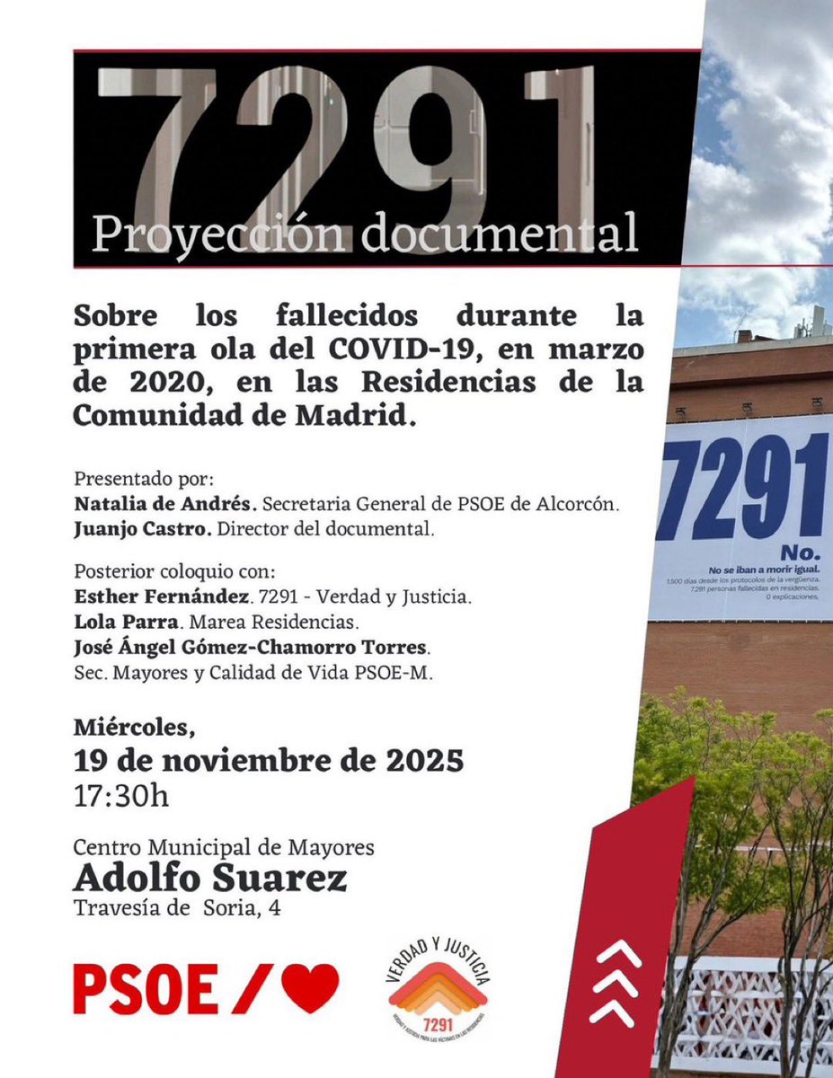 🔴¿Quieres conocer lo que ocurrió en las residencias de mayores de la Comunidad de Madrid durante la pandemia de #Covid19?

DOCUMENTAL #Noibanamoririgual

📅Miércoles 19 Noviembre
🕒17,30 h
🏢Centro de Mayores Adolfo Suárez #Alcorcón