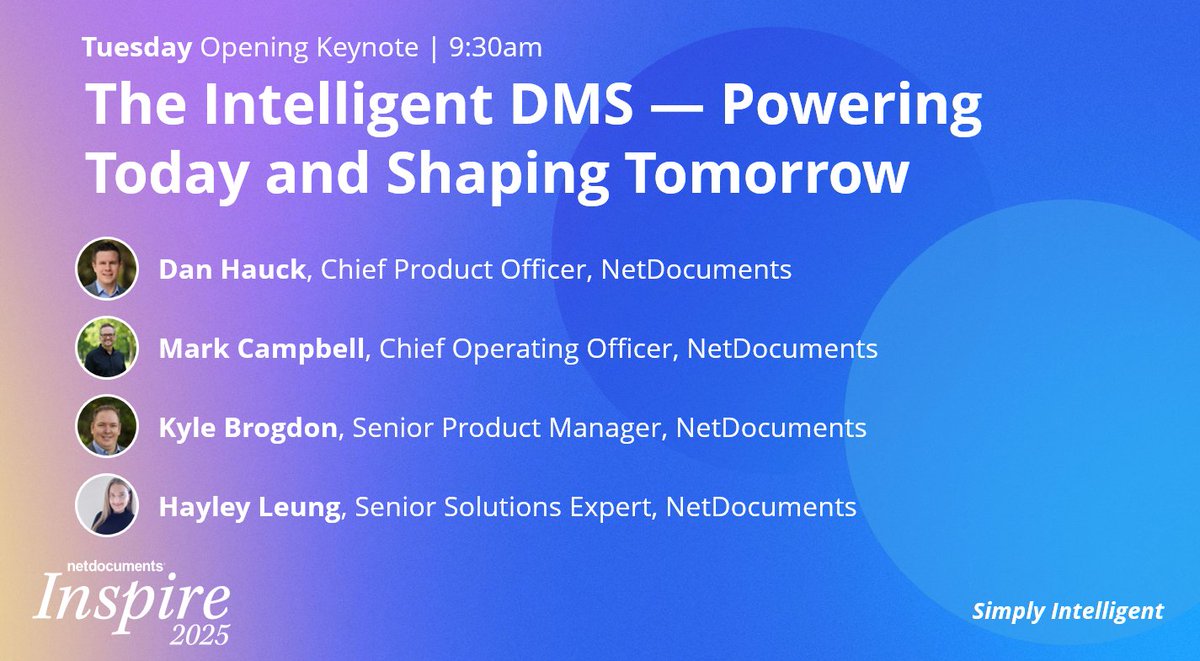 netdocuments's tweet image. 🌟 Welcome to #NDInspire25, Melbourne! After you check in, join us for the opening keynote at 9:30am, “The Intelligent DMS — Powering Today and Shaping Tomorrow.”

Get an exclusive peek at what’s next on the NetDocuments roadmap and see some of the latest innovations like…