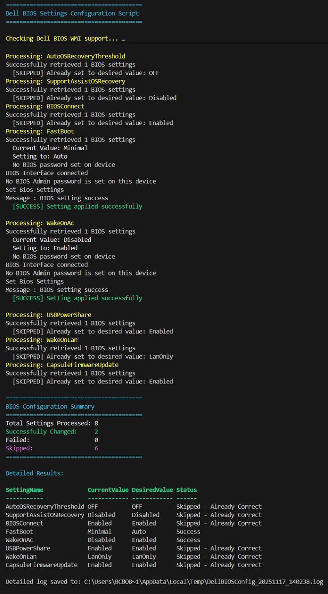 gwblok's tweet image. Back to Basics - Setting #Dell BIOS Settings with Native WMI.
Several custom Functions Created, along with documentation and an example for use in Task Sequence.
#PowerShell #SysAdmin #ConfigMgr @SvenRiebe 

Tested with @2PintSoftware #DeployR on Dell 3420
github.com/gwblok/2PintLa…
