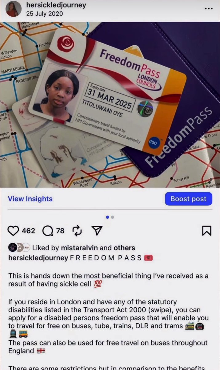 Babyg26313's tweet photo. @youknowit0609 @Suffragent_ @TfL @MayorofLondon @SadiqKhan he's stolen her picture and created a false narrative. the original is her explaining that you're eligible for a freedom pass if you have sickle cell disease. https://t.co/zMOI4Ry8XU