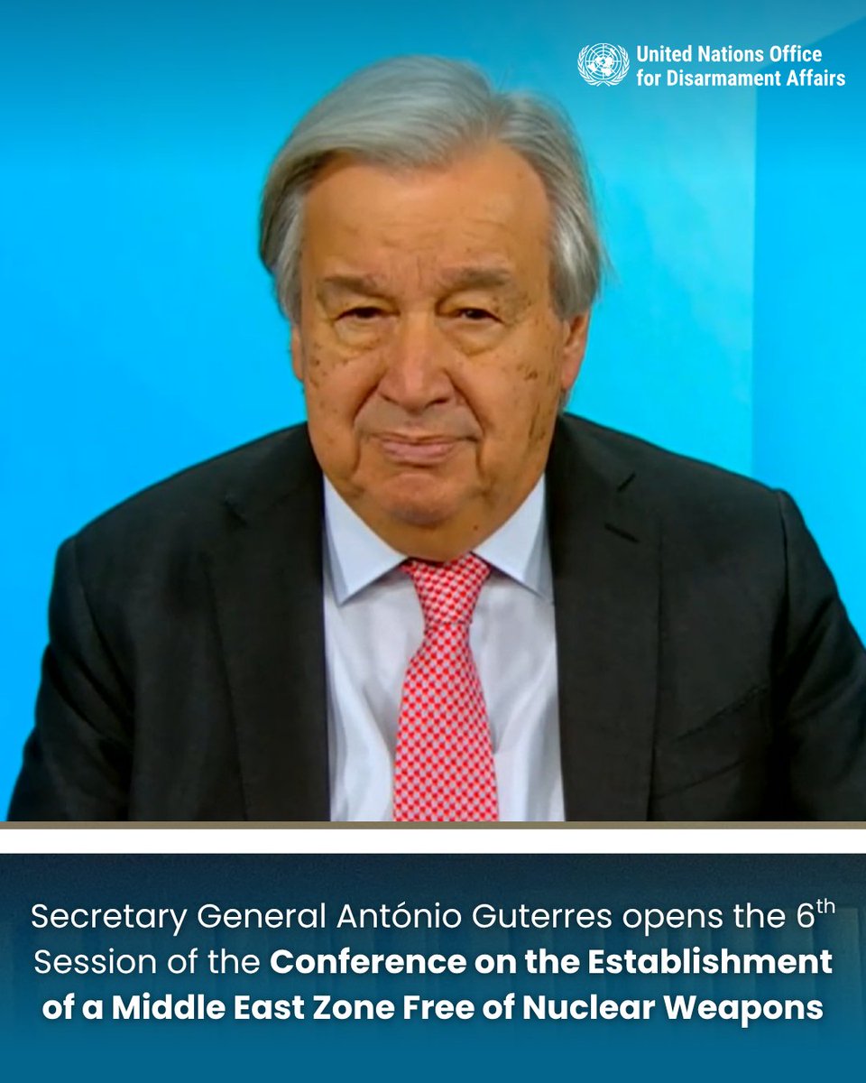UN_Disarmament's tweet photo. “A zone free of nuclear weapons and other weapons of mass destruction would help ease tensions – and prevent the worst-case scenario from ever coming to pass.” – SG @antonioguterres, opening of the 6th session of the Middle East #WMDFZ Conference. https://t.co/VuVSaJNay3