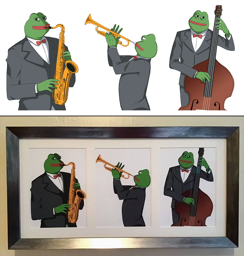 Today's Rare Pepe Lore Lesson™️is known as the Jazz Trio. The artist of the cards goes by Kappepe (<a href="/kartanbitcoin/">kappepe</a>). Each of these is a 1/150 card and the combined floor price is .128 BTC ($11,753 USD).

A physical version of this set which included an opendime with the