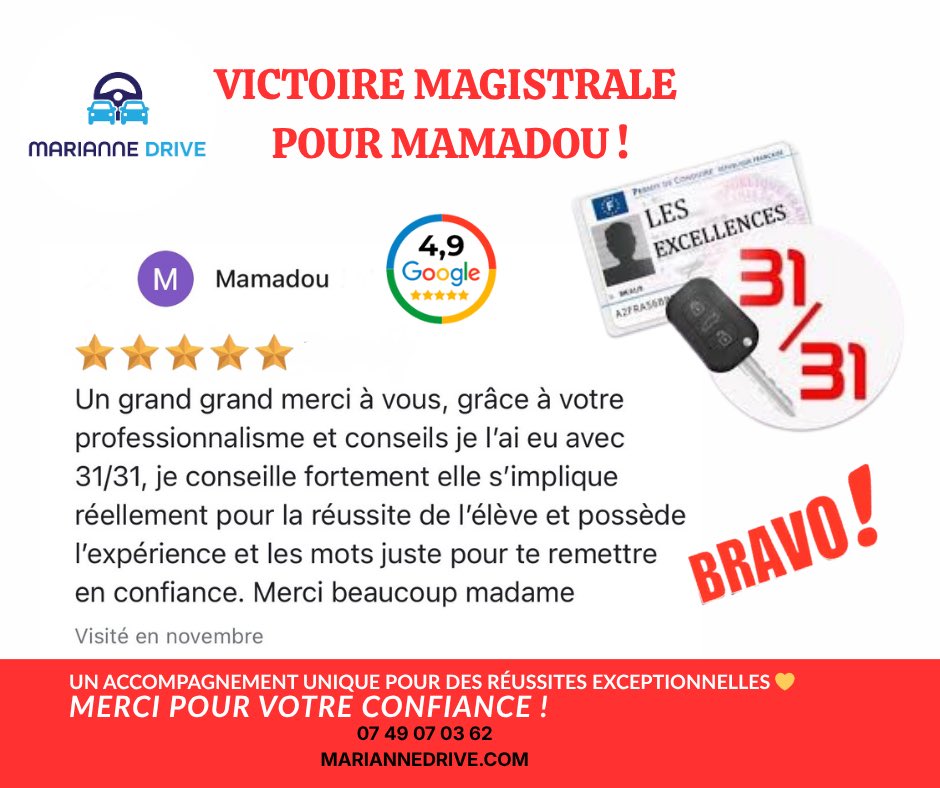 drive_marianne's tweet image. 💪 ENCORE UN SANS-FAUTE ! MAMADOU 31/31 💥
Au centre de Maisons-Alfort (94), il décroche le permis avec un score étincelant ✨

Accompagnement personnalité 🚘

📞 07 49 07 03 62
🌐 mariannedrive.com

#Réussite #Permis #MarianneDrive #ConduiteSupervisée