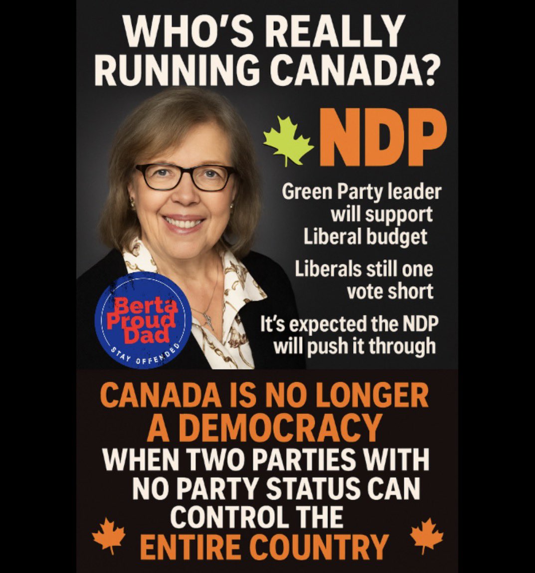 BertaProudDad's tweet image. Liberals are one vote short on the budget.
Green Party backs them, NDP expected to push it through.
Two parties with no official status controlling Canada’s future. Is this what democracy looks like?

#cdnpoli #Canada #NDP #GreenParty #LiberalParty #Trudeau #MinorityGovernment