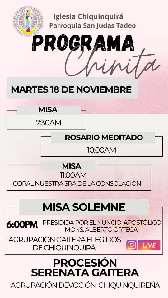 A todos los vecinos, amigos, invitados o cualquiera que desea acercarse a celebrar mañana 18 de NOV a celebrar el dia la Virgen de Chiquinquira en <a href="/IglChiquinquira/">Iglesia Chiquinquirá</a> . Acompáñanos en las diversas misas y el rosario meditado .

“ LOS ESPERAMOS”