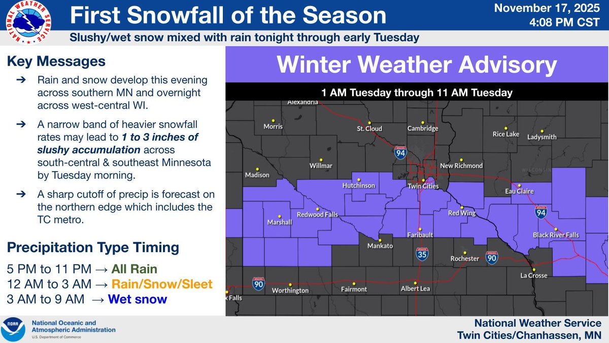 NWSTwinCities's tweet photo. A Winter Weather Advisory is in effect tonight into Tuesday morning for south-central MN and western WI. Rain will become a wintry mix tonight, then wet snow Tues morning with accumulations of 2 to 3 inches. A cutoff in precip is likely for the TC metro and northward #mnwx #wiwx https://t.co/DNq5VOU4c9