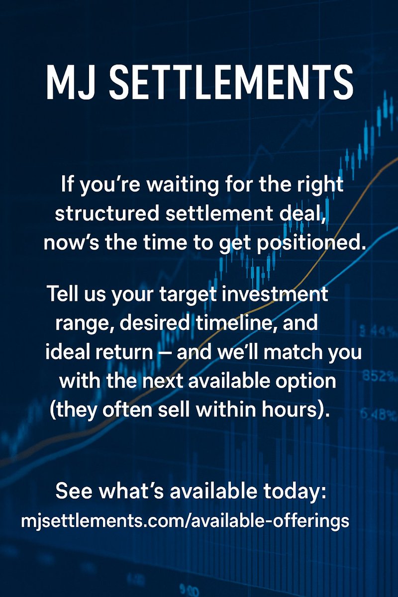 MJSettlements's tweet image. Get positioned before the next deal hits.
Tell us your target range + return — we’ll match you with the next incoming one-of-one opportunity.
These move fast. Don’t wait for a “perfect” moment.
👉mjsettlements.com/available-offe… #SafeMoney #PassiveIncome #StructuredSettlements