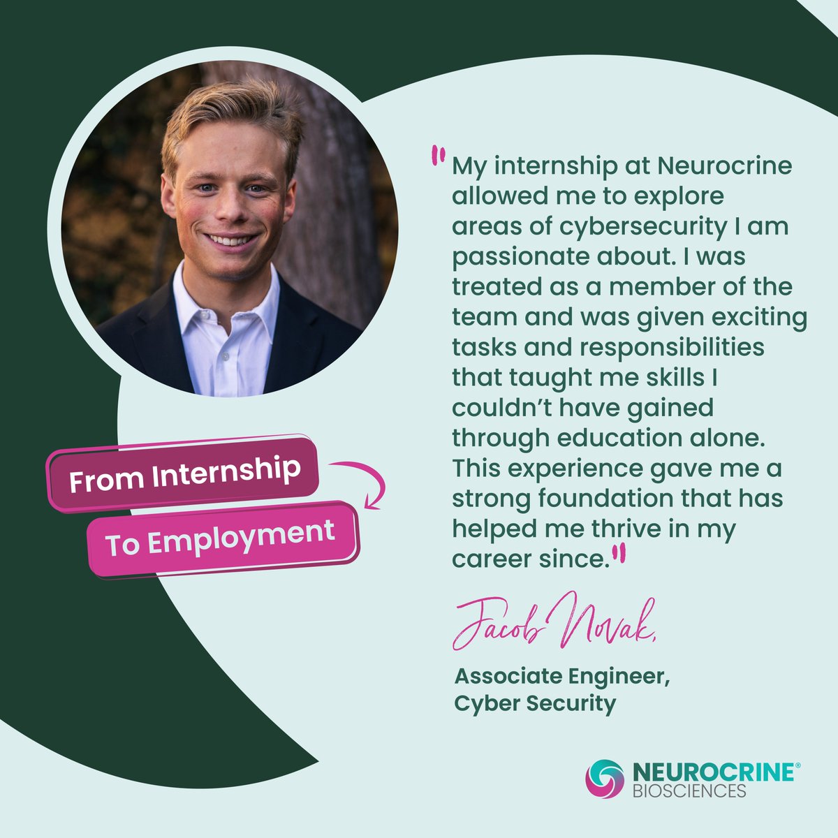 neurocrine's tweet photo. #FromInterntoFullTime: Meet Jacob Novak, who recently joined the cyber security team following this summer’s internship. As an intern, Jacob was able to gain experiences he wouldn’t have received with education alone. Welcome, Jacob! https://t.co/pPLQXiNKB8
