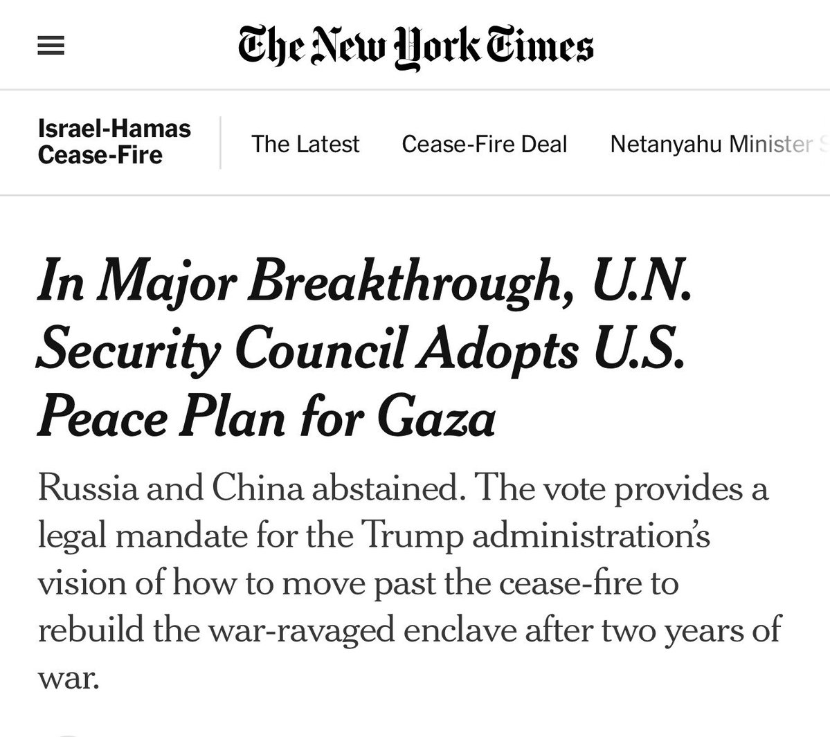Shame on this world.
For two years, the UN Security Council failed to adopt a CEASEFIRE resolution but now when it came to a US proposal to administer Gaza (occupy) by foreign forces, it passed very quickly.

This is a dark period in the history of the Palestinian people.
The