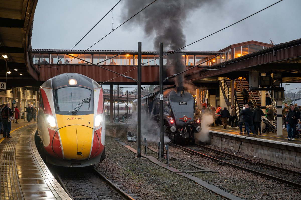 Past and present on the East Coast Main Line.

A4 Pacific 60007 "Sir Nigel Gresley and LNER 800102 at York