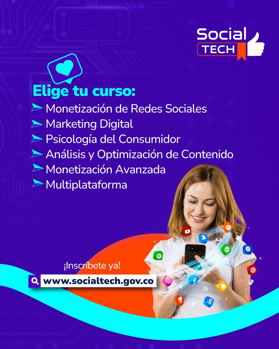 TalentoDigCol's tweet image. 💬 Esta semana en #SocialTECH te acercamos a las habilidades que están moviendo el mundo conectado.

Elige tu curso, fórmate y transforma tu futuro digital.
Ingresa a 👉 socialtech.gov.co

#ConDignidadCumplimos