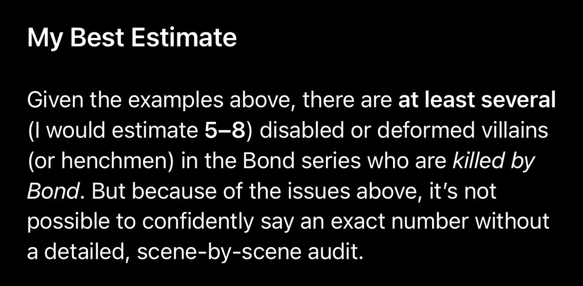 Adam_Pearson's tweet image. Just asked #ChatGPT how many #disabled people #JamesBond has killed in movies. Amongst a load of waffle about “defining disability” it finally game me this answer!

I bloody love AI sometimes!