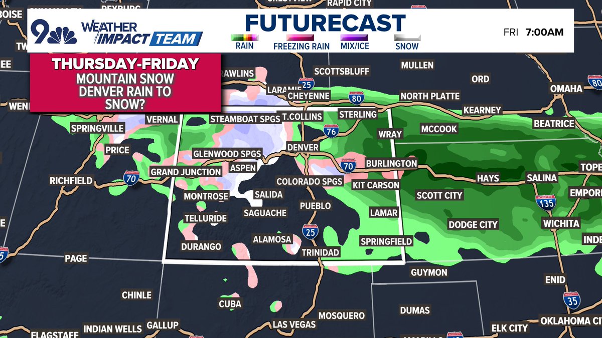 BianchiWeather's tweet image. Starting to get a better idea about Thu/Fri impacts. Early leans:

1) Solid rain in Denver Thu PM/Fri AM, 1/2&quot;+ possible

2) First flakes likely Fri AM, with little/no accumulation in Denver

3) Could get a solid 3-6&quot;+ above 6k feet south of Denver (DougCo/Palmer Divide)

#COwx