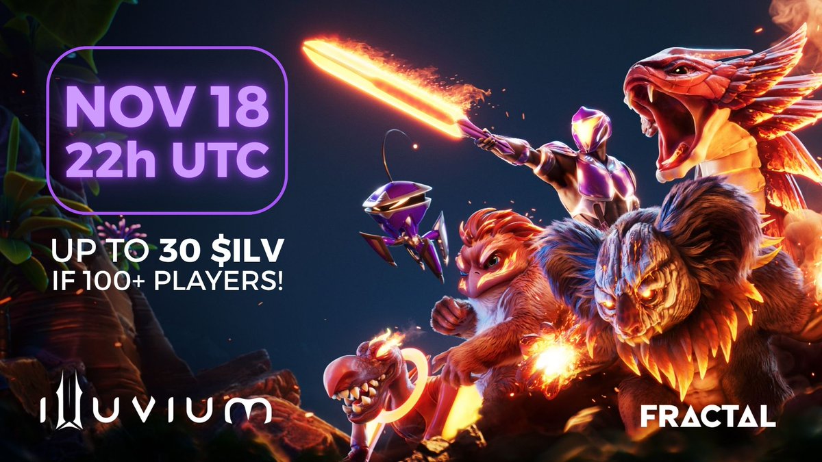 ♟️ILLUVIUM GAME NIGHT ♟️
Step into the Arena and battle it out in <a href="/illuviumio/">Illuvium</a> Auto Chess mode!
📅 Nov 18 — 22h UTC
🔥 Up to 30 $ILV on the line (based on total players!)

🎮 Live action on the Fractal Discord
👉 discord.com/invite/fractal…
🔗 Play Illuvium: illuvium.io/?alliance=FRAC…