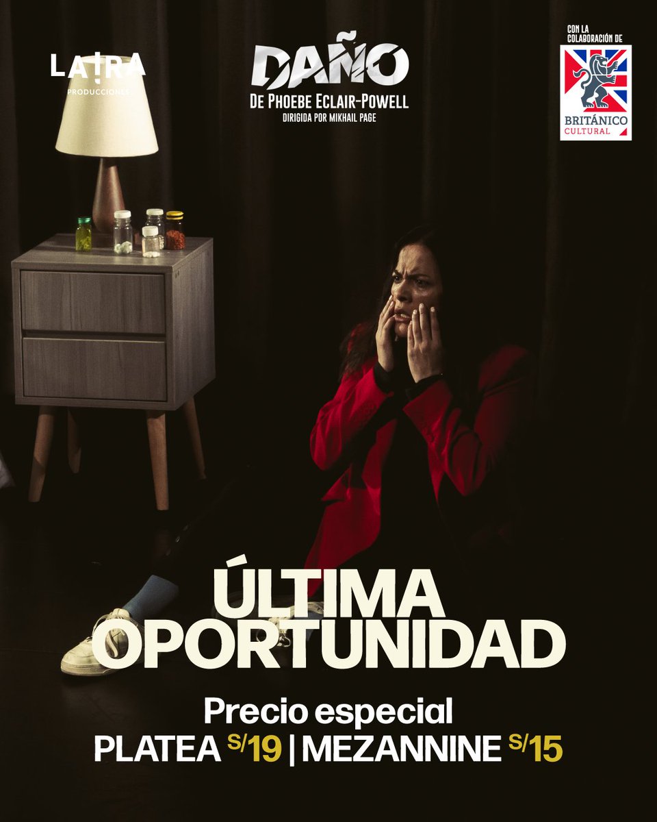 🎭 ¡Última oportunidad para ver DAÑO!
Solo quedan 4 funciones y no queremos que te la pierdas 👀
Aprovecha la promo final:
🎟️ S/19 en Platea
🎟️ S/15 en Mezanine
Es ahora o nunca.
Corre por tus entradas en Joinnus y acompáñanos en la recta final.
🗓️ Martes y miércoles, 8PM