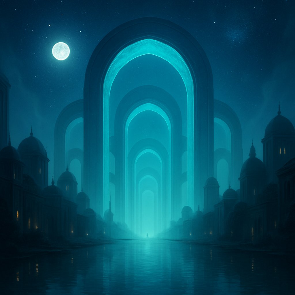 funfungen's tweet image. ⛩蒼玉の門都イラディア　
幾重にも重なる蒼光の門が、水面と空を貫く。渡るたび、ひとつ時がほどけていく。
 #幻想風景 #門都 #蒼光