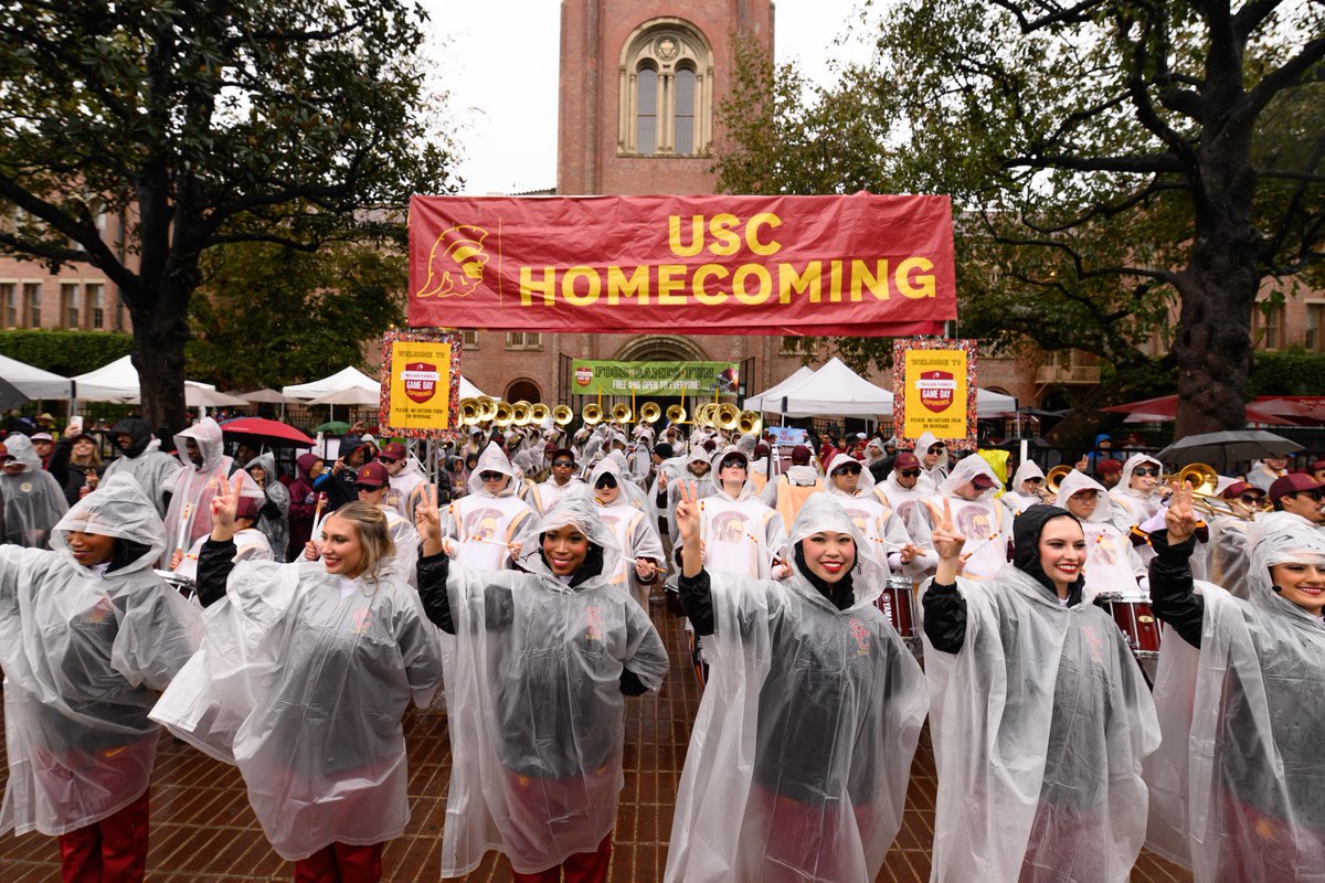 USC's tweet image. Rain or shine, Trojans show up for each other and their university. While Trojans cross the globe, this is always home.