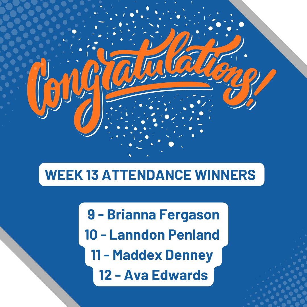 Congrats to this week's attendance winners!
If you have 90% attendance or better, your name is entered into our weekly drawing. 
Be here. Be on time. Be Hillcrest!