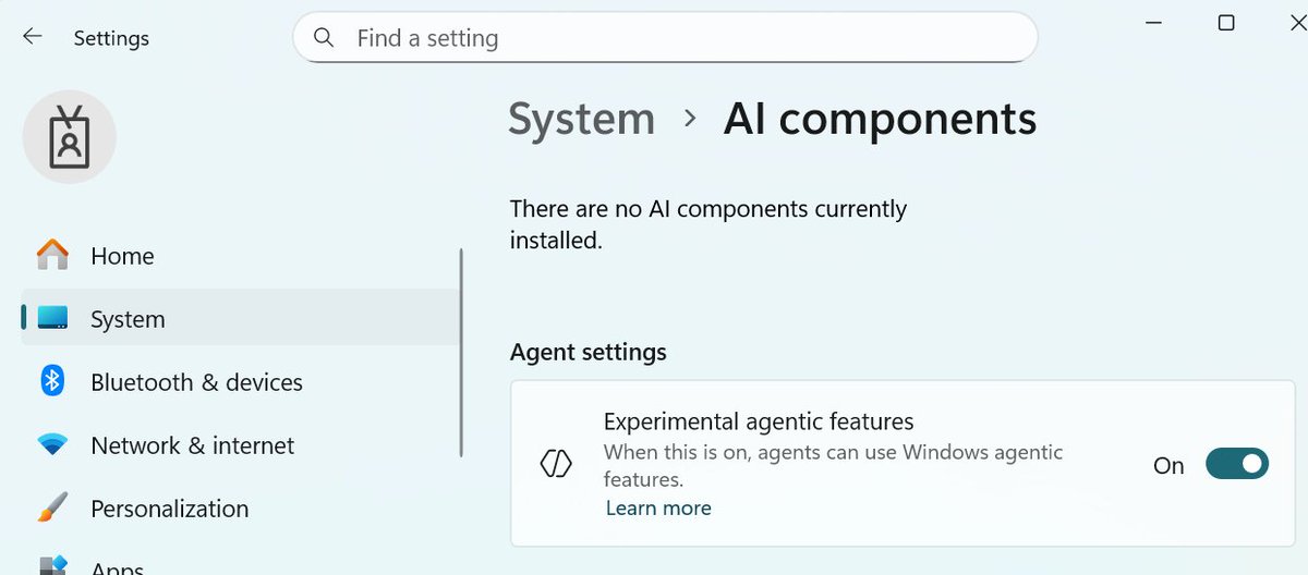 WindowsLatest's tweet image. Microsoft is moving forward with its plans to turn Windows 11 into an AI operating system.

Windows 11 is testing a new toggle in Settings &amp;gt; System &amp;gt; AI components called “Experimental agentic features.”

When this is on, AI apps like Copilot can run in a special “agent…