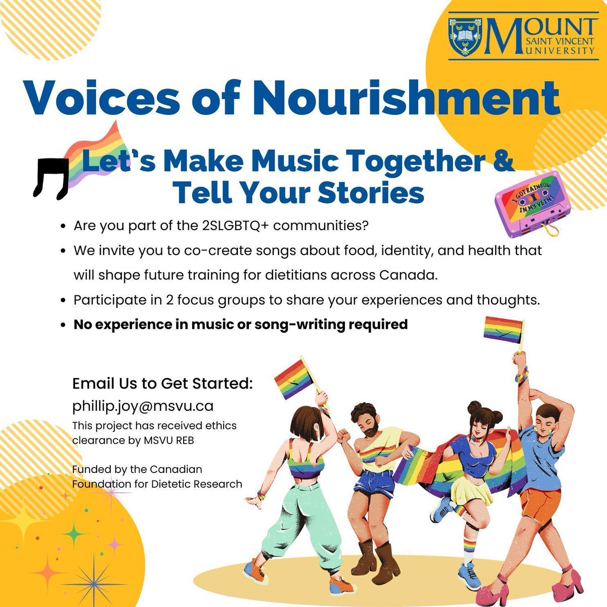 🌈 2SLGBTQ+ folks in Canada: Your voice matters!
Join Voices of Nourishment 🎶—songwriting workshops turning lived experiences into tools for inclusive dietetic care.
Honorarium provided. No experience in music or song-writing required
👉 email phillip.joy@msvu.ca