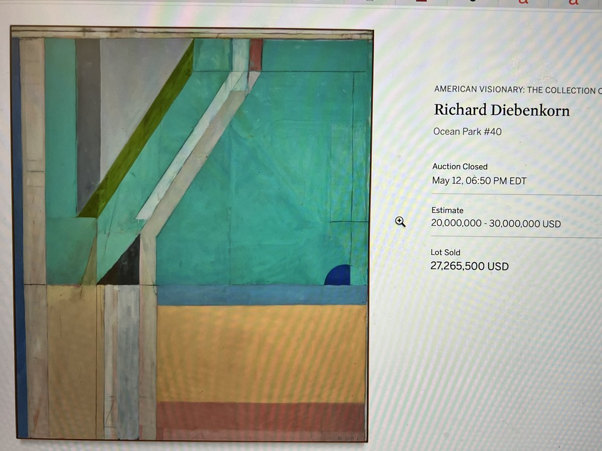 artdetective's tweet image. A Diebenkorn hammered at $14.8 million @ChristiesInc - 46% down from its purchase price in 2021 at @Sothebys (Elaine Wynn’s purchased it then and her estate is selling now) #artmarket