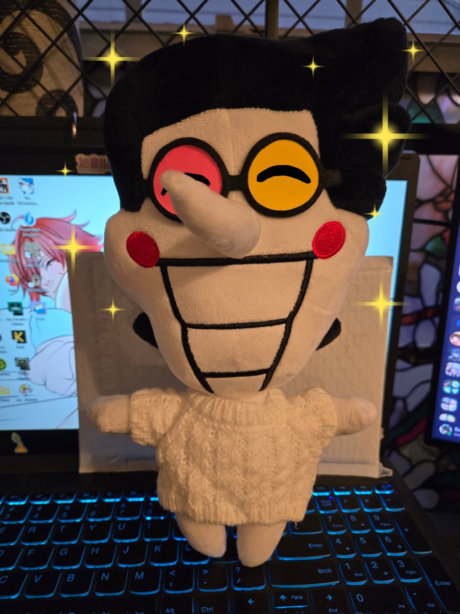 scummy_writes's tweet image. I bought Spamton a new sweater. He is unaware that the package blocking out my bg is various photos of him laying an egg.