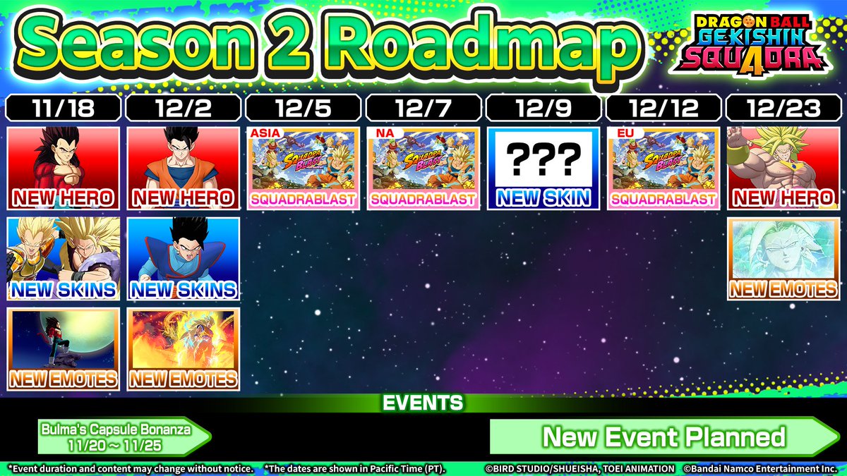 DB_Squadra's tweet image. 📢Season 2 Roadmap Reveal✨Season 2 Starts 11/19!

🆕Here are the 3 new characters!
・Super Saiyan 4 Vegeta
・Ultimate Gohan
・Legendary Super Saiyan Broly

There will also be a bunch of official tournaments, new game elements, and more!

#GekishinSquadra #Squadra #DragonBall