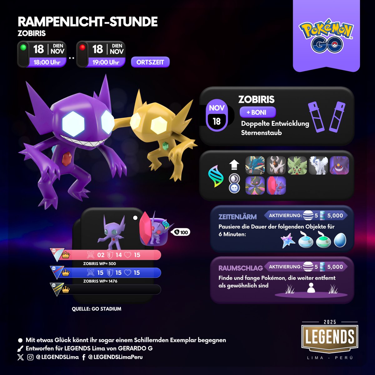 🇬🇧🇪🇸🇩🇪
Remember, Trainers!
#Sableye and the special bonus will be available on Tuesday, November 18th from 6:00 p.m. to 7:00 p.m. (local time).

#PokémonGO #PokemonGOApp