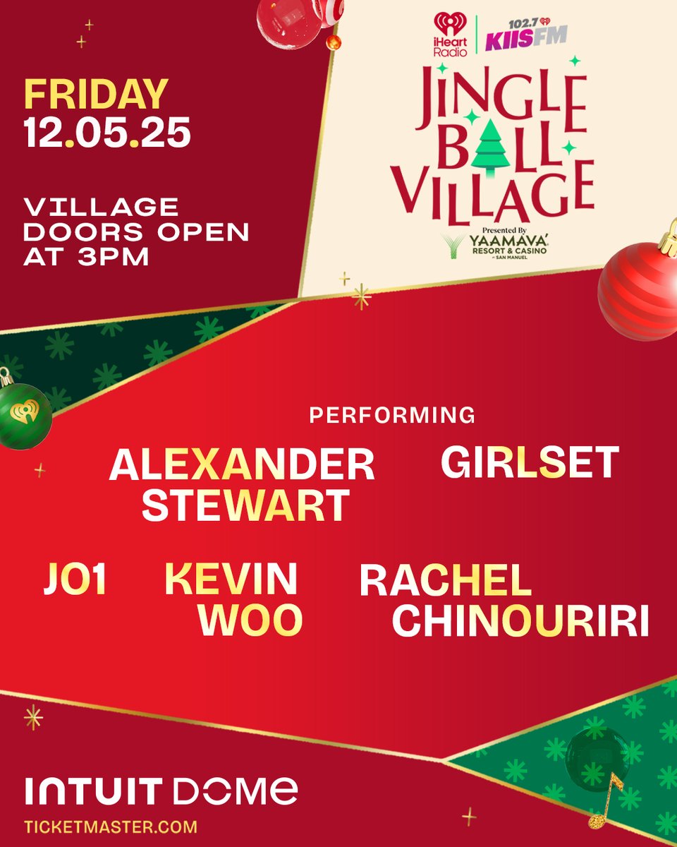 1027KIISFM's tweet image. 🚨 Our #KIISJingleBall Village presented by @Yaamava  Lineup is here!!! 🎁 It’s going down Friday, December 5th at the @IntuitDome! 🎄 Catch performances from @_alexanderstew, @GIRLSETofficial, @official_jo1, @kevinwoo91  &amp;amp; @rachelchinourir!!! 🙌 See you there! ❤️ More details…