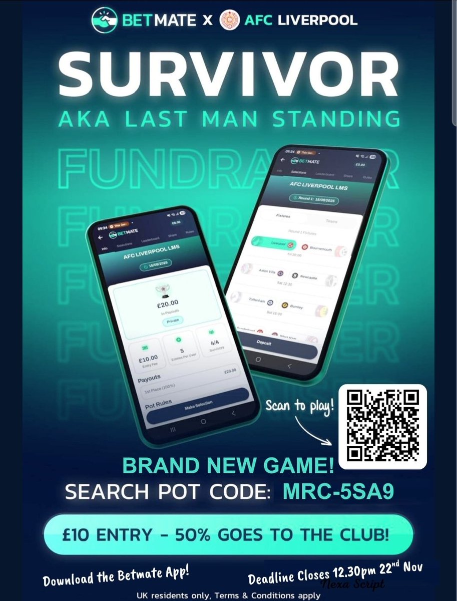 AFCLiverpool's tweet image. The latest round of our Last Man Standing competition "Survivor" gets underway this weekend, in partnership with @betmate_app. Only £10 to enter!

50% goes to the prize pot and 50% goes to the club.  Support the Non League Reds, and have a chance of winning a jackpot!

To enter,…